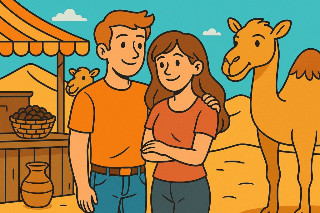 Smiling couple standing in front of a desert date stall flanked by camels, illustrating the Camel Calculator experience.