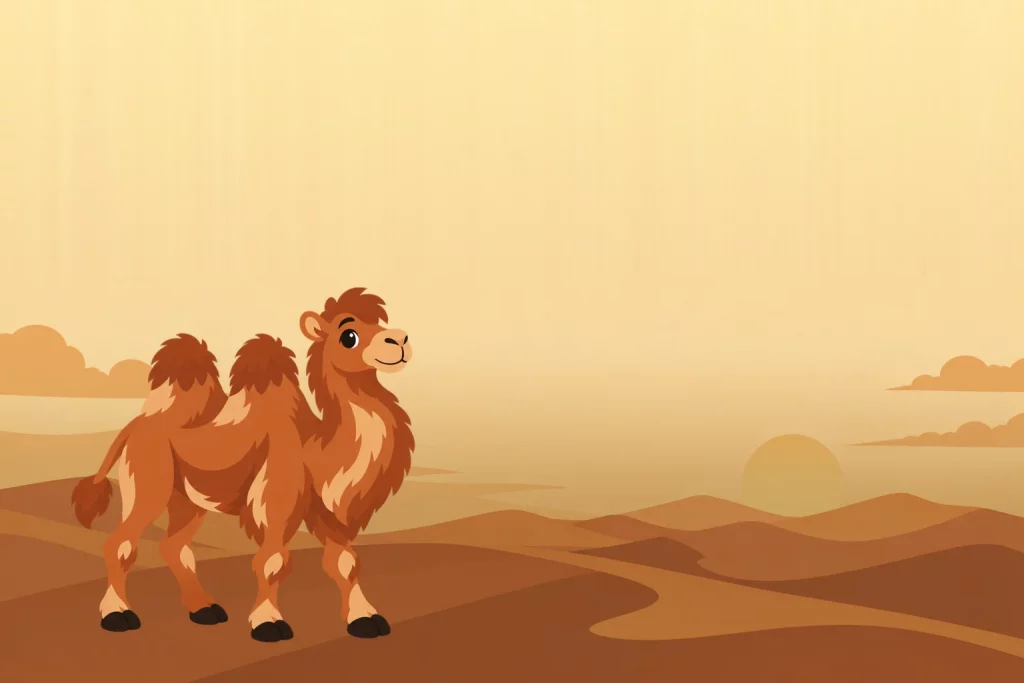 Camel worth calculator — a cartoon camel standing on desert dunes at sunset